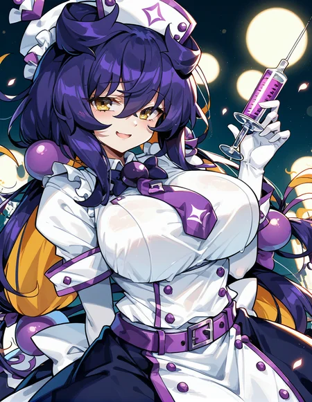 score_9,score_8_up,score_7_up,score_6_up,score_5_up,score_4_up,
1girl,<lora:prune_pony:1>,prune(bombergirl),purple hair,hair between eyes,eyebrows visible through hair,blonde hair,yellow eyes,large breasts,
gloves,hat,looking at viewer,nurse,maid,syringe,