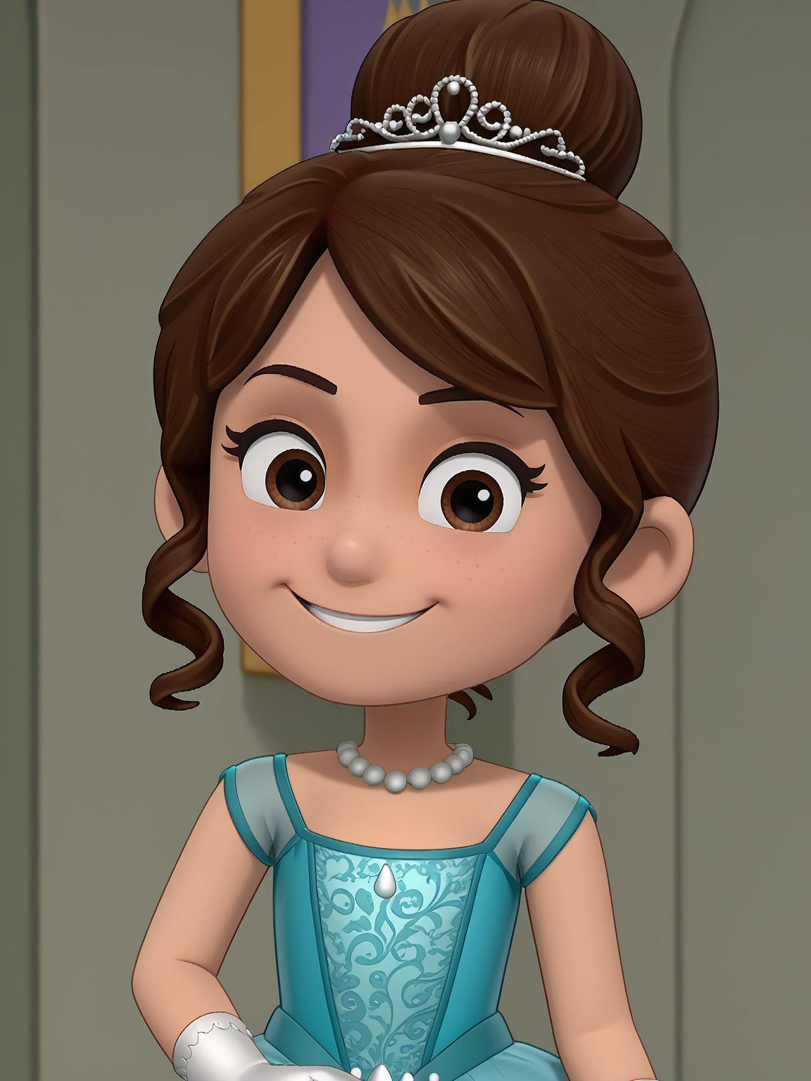 solo, 1girl, <lora:Barkingburger:1> barkingburg, brown hair, tiara, smile