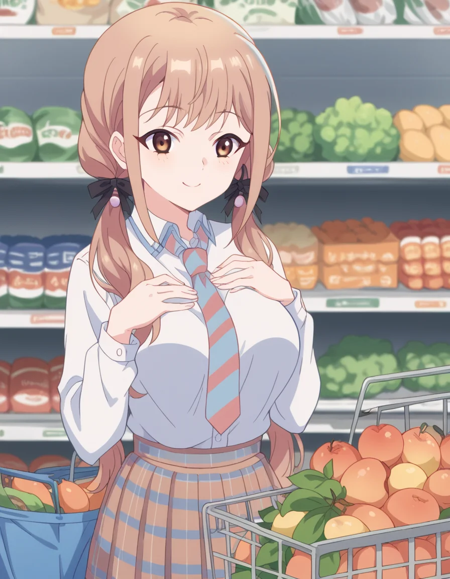score_9, score_8_up, score_7_up, source_anime, <lora:naori-jinguuji-s1-ponyxl-lora-nochekaiser_r1:1>, naori jinguuji, long hair, brown hair, twintails, brown eyes, hair ribbon, low twintails, large breasts,, skirt, shirt, long sleeves, school uniform, necktie, striped necktie, pleated skirt, plaid skirt, grocery store, shopping cart, picking fruits, everyday life, , smile, , hands on own chest, smile, solo,, cowboy shot, dutch angle
