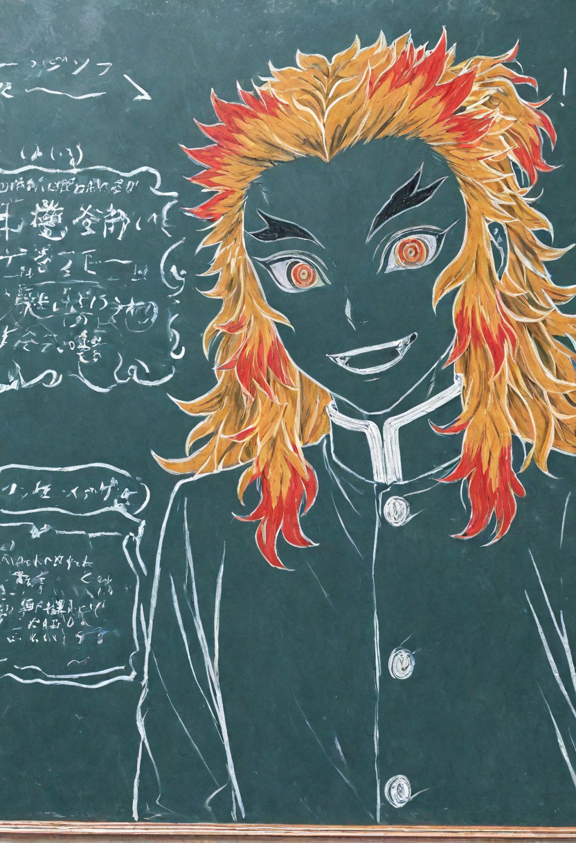masterpiece, best quality, amazing quality, very aesthetic, absurdres, newest, detailed background, black3oard, chalkboard, traditional media, 1boy, solo, male focus, rengoku kyoujurou, long hair, red hair, orange hair, multicolored hair, (lineart, sketch, spot color:1.2), mouth open, smiling, close-up
