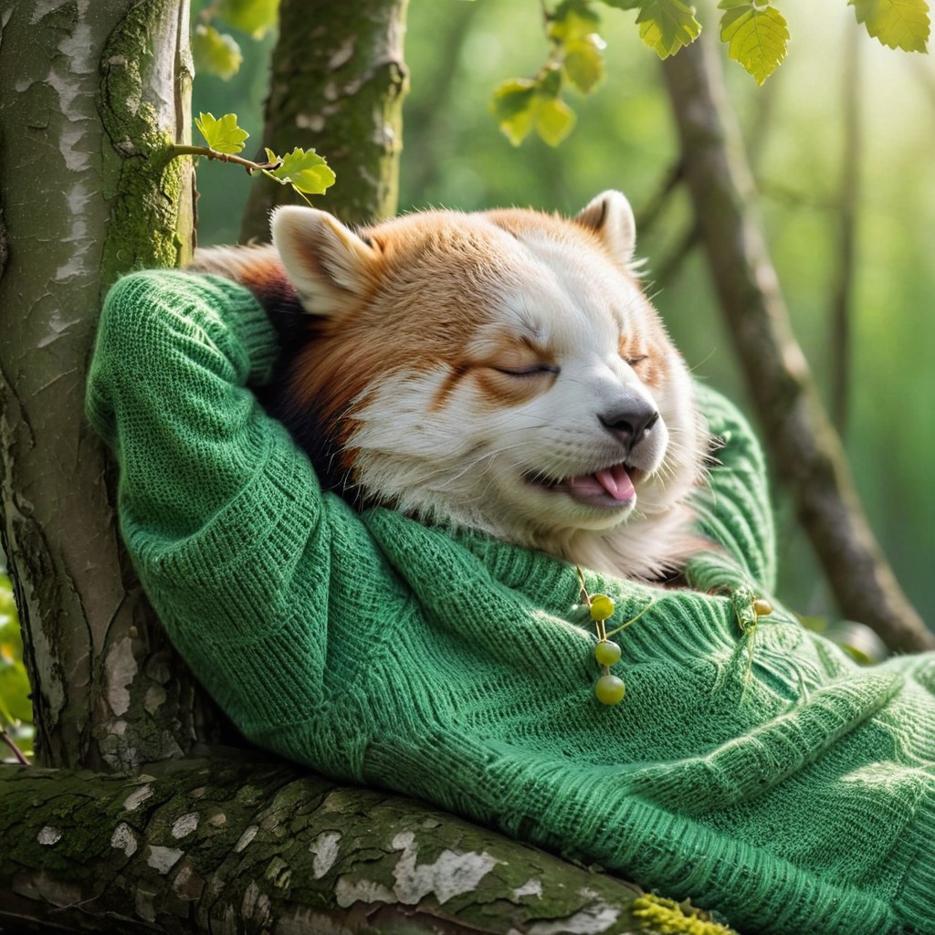 (side view:1.9), an adorable lesser_panda,(wearing green sweater), (coma:1.7),(lying lean back:1.9),(arms behind head:1.9), green grape over head, full body, on a birch tree trunk, closed eyes, against a soft-focus green background, masterpiece, best quality, highres,,cinematic still piercing light, (aesthetic:1.1), (dim colors:1.2),(closed eyes:1.9), (open mouth:1.7), (tongue out), head tilt, relax,AR71B