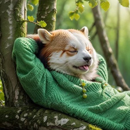 (side view:1.9), an adorable lesser_panda,(wearing green sweater), (coma:1.7),(lying lean back:1.9),(arms behind head:1.9), green grape over head, full body, on a birch tree trunk, closed eyes, against a soft-focus green background, masterpiece, best quality, highres,,cinematic still piercing light, (aesthetic:1.1), (dim colors:1.2),(closed eyes:1.9), (open mouth:1.7), (tongue out), head tilt, relax,AR71B