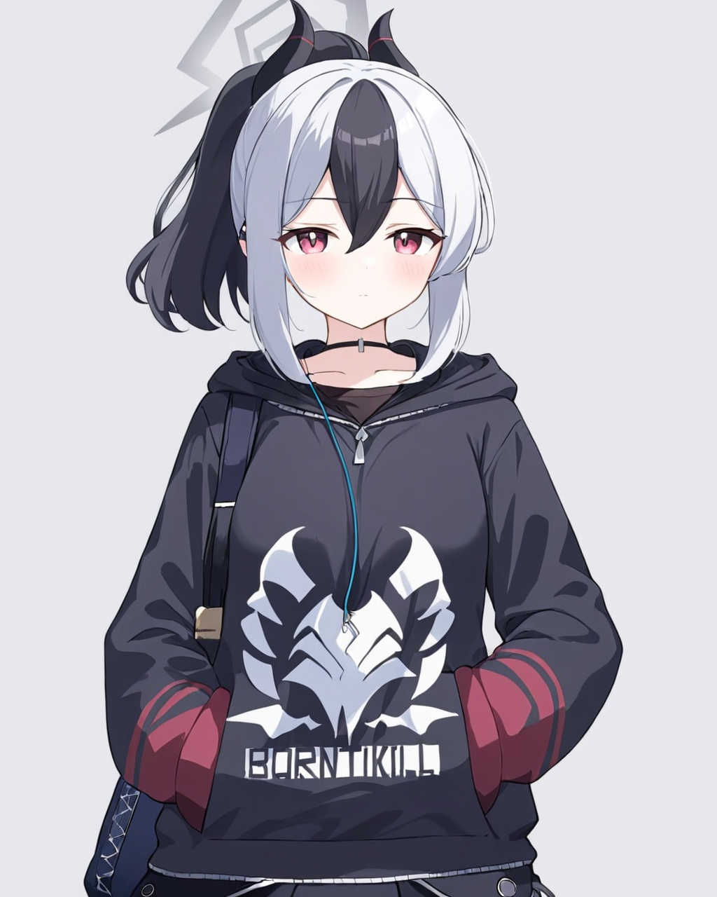 kayoko \(blue archive\),1girl, solo, ponytail, halo, simple_background, closed_mouth, bag, black_hoodie, long_sleeves, blush, earclip, looking_at_viewer, hand_in_pocket, hood_down, hand_up, skirt, handgun, white_pupils, earphones, demon_horns, black_choker
<lora:kayoko_(blue_archive)_image1860_2023-11-28-000012:1>halo. gorgeous,key visual, vibrant, studio anime,award-winning, professional, highly detailed,high budget, cinemascope