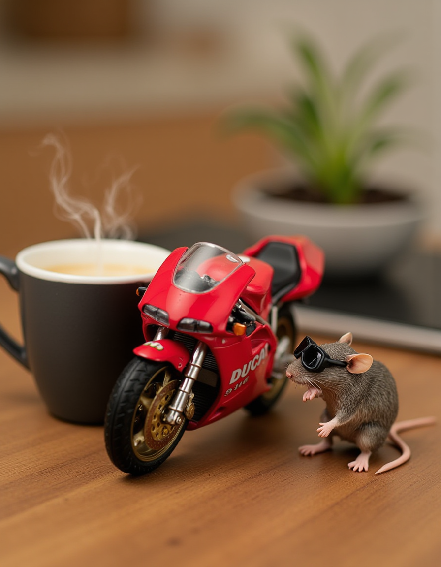 realistic photo of a Miniature Ducati 916 motorcycle, on the kitchen table next to a steaming mug of coffee, a cute mouse wearing motorcycle goggles is standing next to the motorcycle getting ready to ride, sharp focus, highly detailed, <lora:FLUX.1d_-_Miniatures:1>, flxmni, solo, <lora:Ducati 916:1>