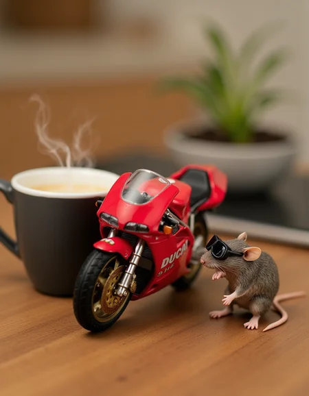 realistic photo of a Miniature Ducati 916 motorcycle, on the kitchen table next to a steaming mug of coffee, a cute mouse wearing motorcycle goggles is standing next to the motorcycle getting ready to ride, sharp focus, highly detailed, <lora:FLUX.1d_-_Miniatures:1>, flxmni, solo, <lora:Ducati 916:1>
