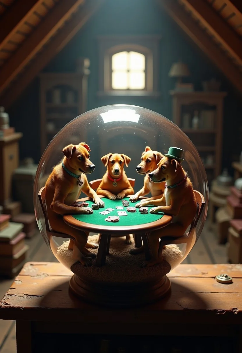 Create a high-quality, hyper-realistic, and extremely detailed image of a group of dogs at a table playing poker contained within a glass orb. The orb is on a shelf in the attic, and the image is slightly zoomed out to showcase the entire sphere. The dogs are intricately detailed, with each one displaying unique expressions and clothing, such as hats, glasses, and bandanas. The table is set with a green felt surface, playing cards, and chips. The glass orb is perfectly clear, with subtle reflections and refractions that enhance the realism of the scene. The attic is filled with old, dusty books, vintage items, and wooden beams, creating a nostalgic and cozy atmosphere. The lighting is soft and warm, with a single beam of sunlight streaming through a small window, casting gentle shadows and highlights, making the scene feel both whimsical and inviting.