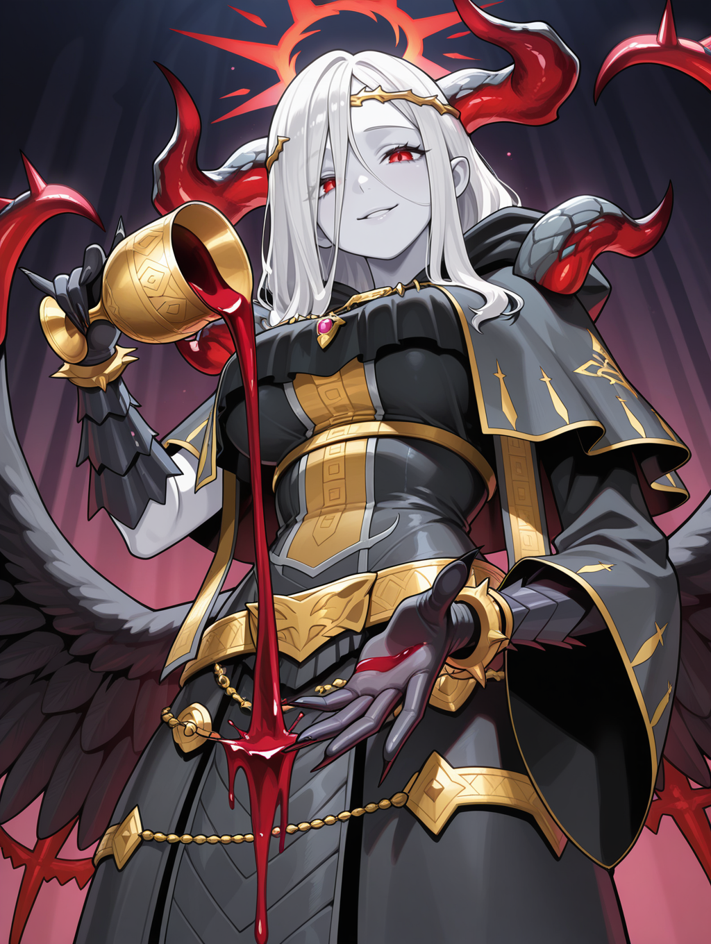 fallen angel,condemned darklord,solo,chalice,1girl,smile,open hand,looking at viewer,parted lips,white skin,red halo,gold circlet,black gloves,black feathered wings,black dress,black capelet,pouring,holding chalice,red wine,from below,
masterpiece,best quality,amazing quality,very aesthetic,absurdres,newest,<lora:Condemned Darklord illuXL v1.1:0.75>,