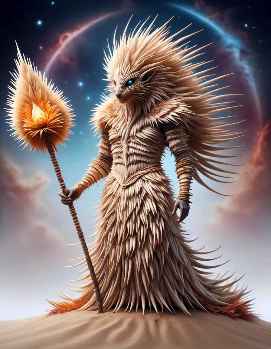 full body, dynamic pose, ral-stkdrnrc, crisp focus,ethereal fantasy concept art of intricate paper quilled sand spirit holding staff, complex nebula background, vibrant, beautiful paper quills, hyper detailed, insane depth, gorgeous composition, chaotic but orderly, magnificent, celestial, ethereal, painterly, epic, majestic, magical, fantasy art, cover art, dreamy, magic, surreal, fantasy, digital art, wlop, artgerm and james jean, ultra hd, realistic, vivid colors, made out of ral-stkdrnrc <lora:ral-stkdrnrc:1>