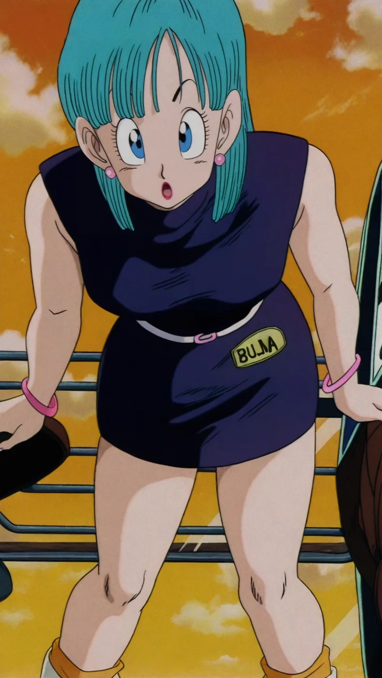 source_anime, masterpiece, best quality, amazing quality, anime screencap, high quality, 8k, absurdres, official style, 1girl, solo, looking at viewer, :o, leaning forward, retro artstyle, <lora:Bulma_OG_iL:1>, 8u1m4 og, blue eyes, blue hair, 23rd WT, alternate long hair, purple dress, dress, sleeveless, jewelry, earrings, belt, bracelet, makeup, lipstick, boots,