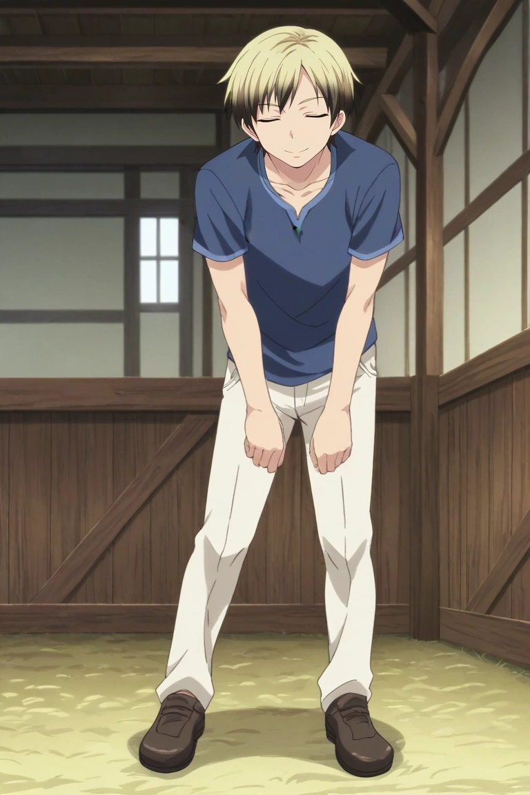 score_9, score_8_up, score_7_up, source_anime, rating_safe, intricate details, anime screencap, , , looking at viewer, , 1boy, solo, male focus, <lora:kodaka_hasegawa_pony:0.8>, kodaka_hasegawa, blonde hair, black eyes, short hair, multicolored hair, two-tone hair, black hair, wide angle, wide shot, full body, farm, plantation, indoors, light, leaning forward, (closed eyes:1.2), smile, , beret, <lora:sdxl_lightning_8step_lora:1>
