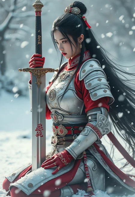 HD32K, 8K, absurdres, detailed photorealistic image, perfect hands, BREAK image of a female oriental (long dark hair, sidelocks) in elaborate white and red armor, with intricate designs and insignia, kneeling on a snowy landscape, holding a large sword with both hands