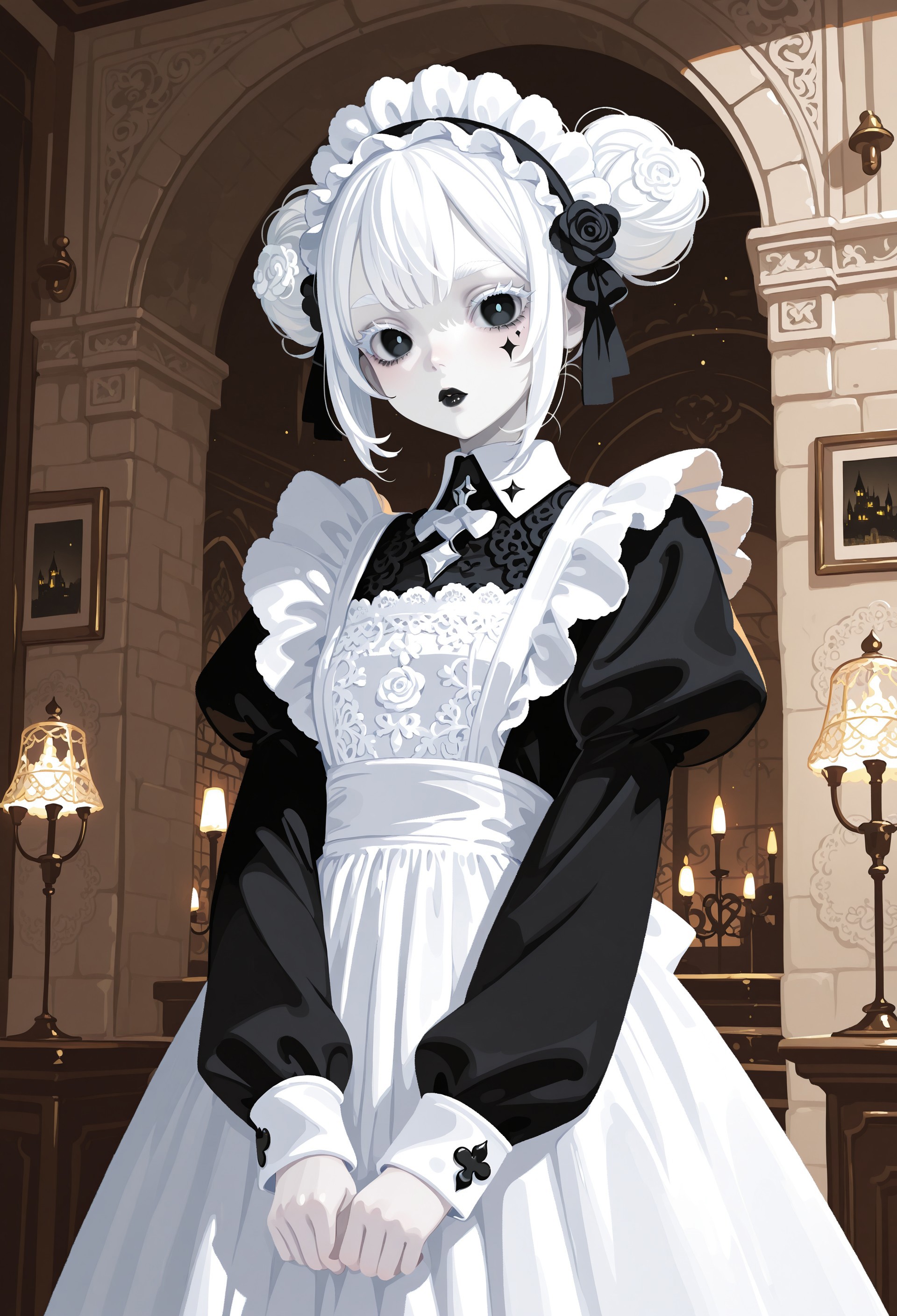 safe_pos, masterpiece, best quality, 1girl, solo, maid, maid apron, black dress, long sleeves, maid headdress, white embroidery, (intricate pattern:1.1), rose ornament on hair, glowing white hair, white eyelashes, white eyebrows, pale skin, black eyes, black lips, black heart tattoo on one cheek, short hair, messy bun, double bun, goth make up, cute, cute pose, haiz_ai, no lineart,no outline, indoors, castle,
