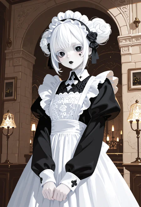 safe_pos, masterpiece, best quality, 1girl, solo, maid, maid apron, black dress, long sleeves, maid headdress, white embroidery, (intricate pattern:1.1), rose ornament on hair, glowing white hair, white eyelashes, white eyebrows, pale skin, black eyes, black lips, black heart tattoo on one cheek, short hair, messy bun, double bun, goth make up, cute, cute pose, haiz_ai, no lineart,no outline, indoors, castle,