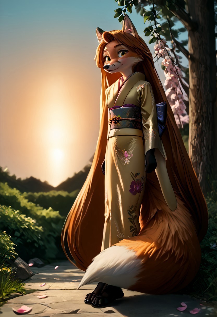safe_pos, score_9_up,score_8_up,score_7_up, (masterpiece),(best quality), hyper detailed, perfect anatomy, anthro fox girl, dazzling, perfect face,
sexy, seductive, absurdly long hair, very long hair, floor length hair, orange hair, bright amber eyes, print_kimono, ruanyi0712, floral print, yellow kimono, obijime, sandals, tabi, (wide sleeves:1.5), furisode, orange fur, fox tail, dusk, anthro, female furry, fox, fox tail, fox ears, body fur, fluffy, paws, sunset, trees, outdoor, in spring, falling petals, cherry blossoms, looking_at_viewer, dynamic_angle,