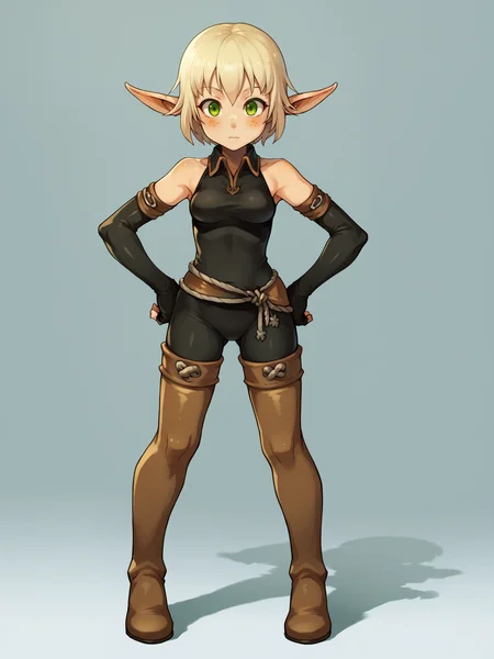 score_9, score_8_up, score_7_up, score_6_up, score_5_up, score_4_up, BREAK, source_cartoon, source_anime, 1girl, evangelyneold, blonde hair, short hair, green eyes, freckles, elf, belt, bare shoulders, bodysuit, fingerless elbow gloves, thigh boots, thighhighs,
hands on hips, full body, standing, solo, looking at viewer, simple background <lora:EvangelyneXL:1>