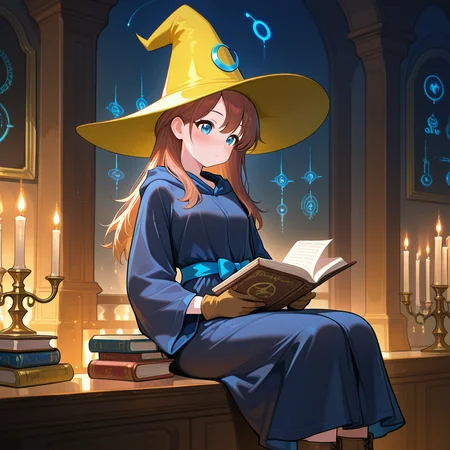 sitting pose, reading ancient book, magical laboratory, floating glyphs, candlelit room,1girl, <lora:BlackMage_CostumeV2_Illustrious:1.0>,Blackmage_cos,black robe,witch hat,yellow_headwear,wide ,sleeves,gloves,hat ornament,blue_sash,boots,bow,, masterpiece, best quality, amazing quality, newest