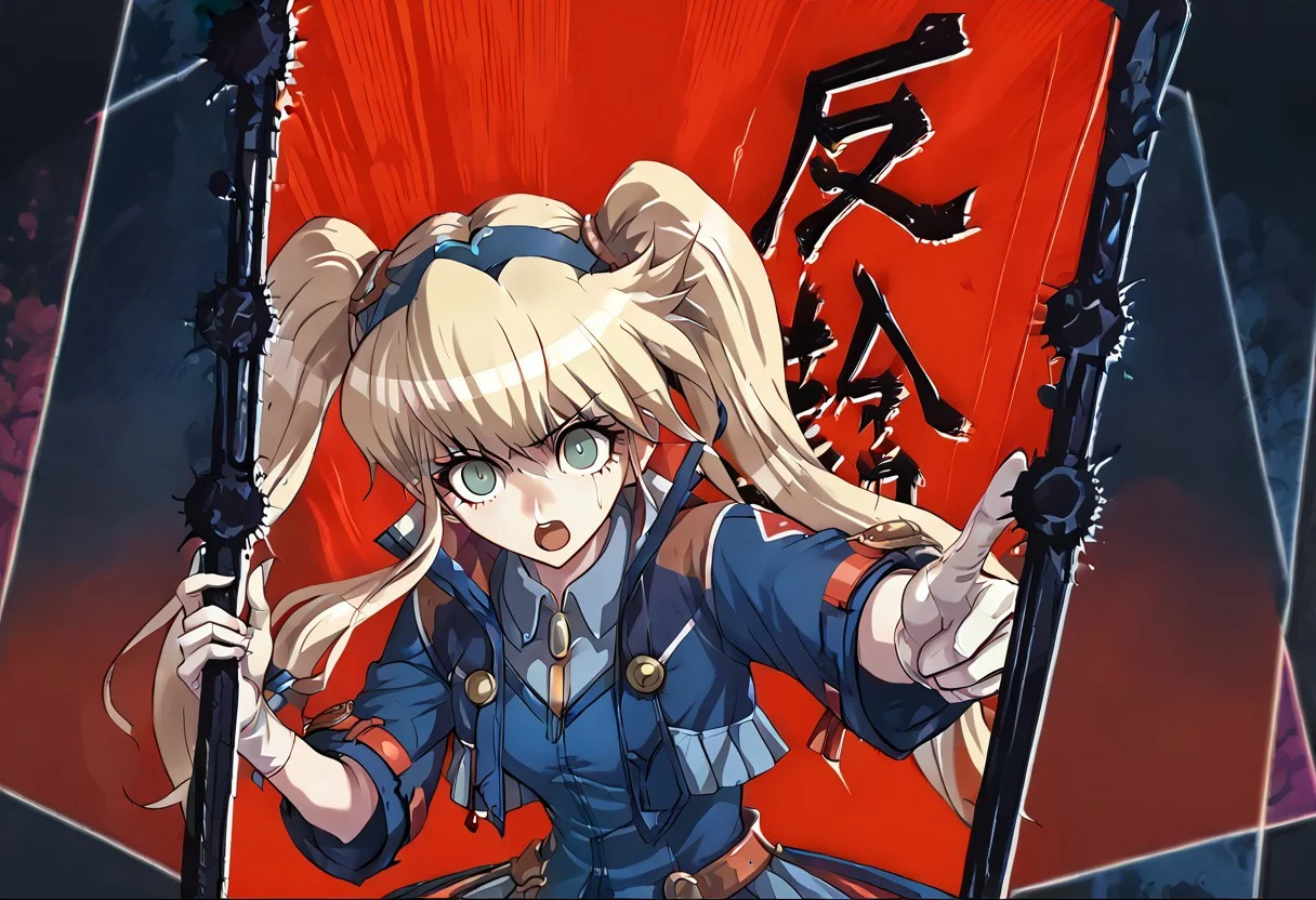 score_9,score_8_up,score_7_up,source_anime,objection, upper body, multicolored background, red background, Kanji,pointing at another,Klarissa3, blonde_hair, twintails,green_eyes, hairband, white_gloves,nsfw,open mouth,