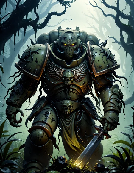 (photorealistic:1.2, Fujifilm XT3),A Plague corrupted horrible Space Marine, vile, a grotesque and twisted being who serves the Chaos God Nurgle, wading through a murky swamp. His armor, once shining and metallic, is now covered in a thick, suppurating slime that oozes from his pores. The Marine's form is distorted and grotesque, with bones and organs visible through his rotten flesh. His left arm ends in a misshapen mass of tentacles, while his right hand clutches a massive, diseased-ridden chainsword. The swamp around him is alive with putrid greenery, and the air is thick with the stench of decay. In the distance, a ruined temple can be seen, its walls covered in vines and moss. The Plague Marine's eyes glow with a malevolent light, and he seems to be drawn towards the temple, his mission clear: to spread the plague and devastation of Nurgle throughout the swamp. <lora:add-detail-xl:2> <lora:DonMD3m0nV31nsXL_v1.1-000009:0.8> DonMD3m0nV31nsXL, demonic, veins, bio, organic <lora:primaris_marine-knight_armor-000007:0.6> corrupted Knight armor, (masterpiece:1.2), (epic composition:1.4), (talent:1.2), ultra detailed, cinematic lighting, highly detailed, insanely detailed, (photorealistic:1.2), hdr, 8k, exquisite, sharp, elegant, ambient lighting, high quality, ,  <lora:takma2:0.1> <lora:ling1:0.1> ling1, cinematic shot, dynamic lighting, 75mm, Technicolor, Panavision, cinemascope, sharp focus, fine details, 8k, HDR, realism, realistic, key visual, film still, superb cinematic color grading, depth of field