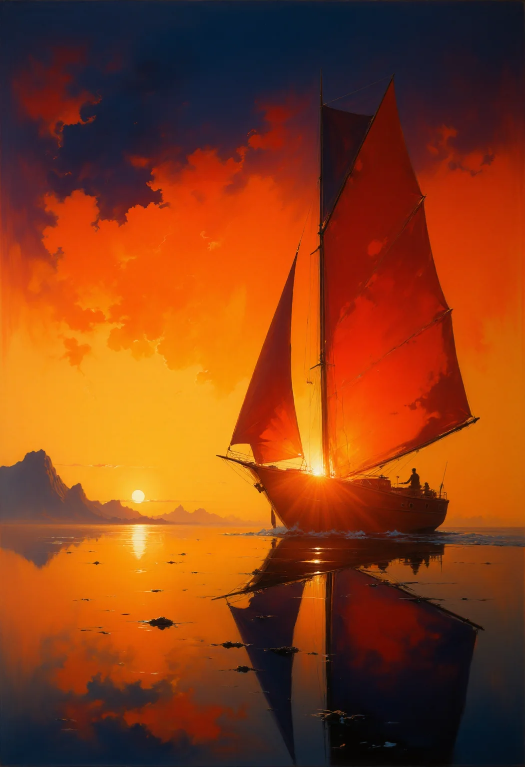 A beautiful expressive painting of a silhouette of a lone sailor on a small boat with a large, dark maroon red sail. The scene is set during sunset, with the sun partially obscured by dramatic, dark clouds. The boat is on calm water, reflecting the sky's vibrant orange and gray hues. The background includes a distant, dark mountain. The lighting is soft and warm, creating a serene and slightly melancholic mood. The angle is low and close to the water's surface, emphasizing the sailboat's grandeur.
<lora:articp01_epoch_13:1>