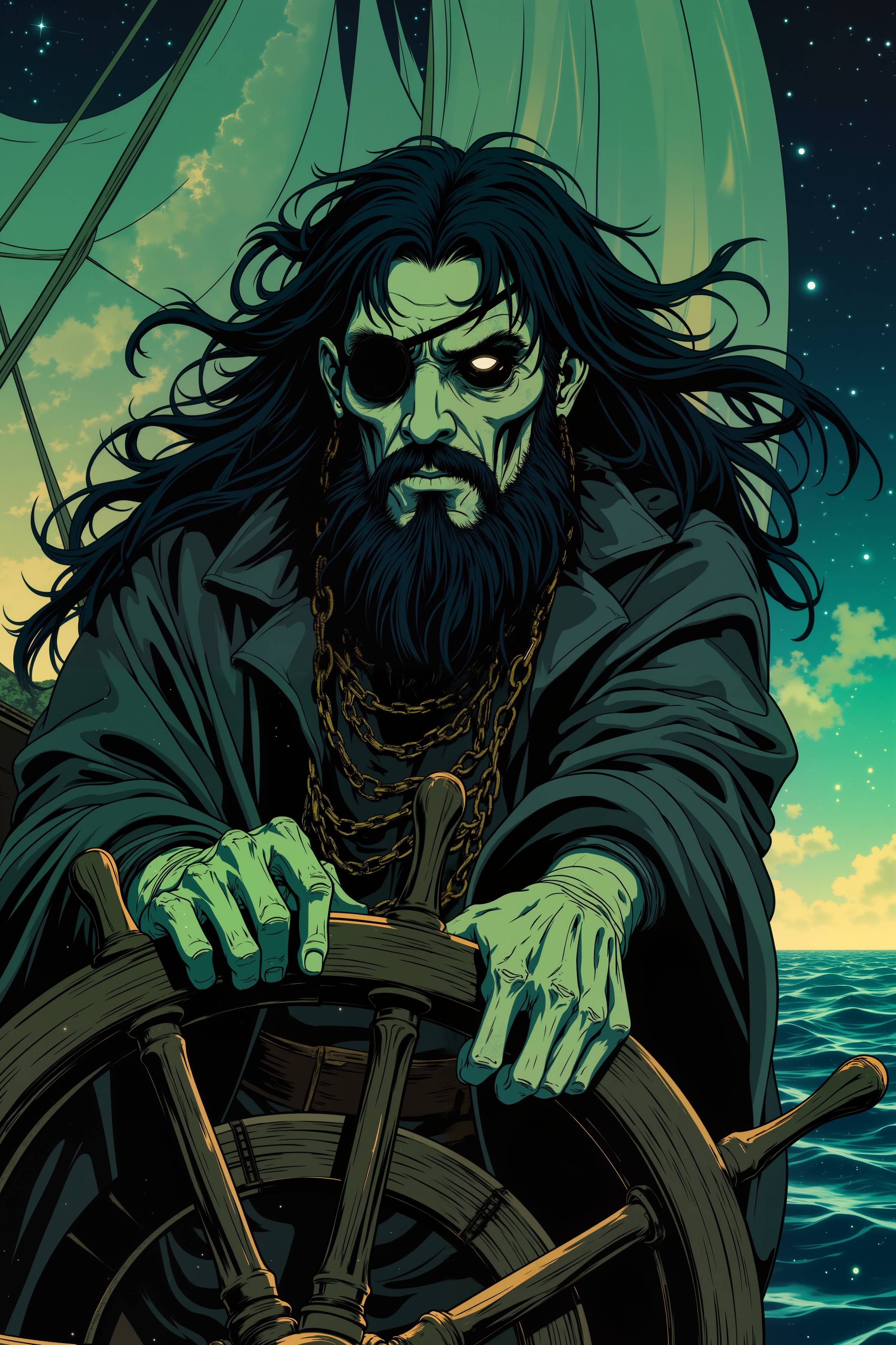 ne0nfant4sy, A spectral pirate captain, his ghostly form flickering like mist, grips the wheel of a phantom ship that sails on an endless sea of stars. His translucent skin glows with an otherworldly light, while his long, tangled black hair and thick beard billow around him in a wind that only he can feel. His one good eye gleams with mischievous intent, while the other, lost to battle, is covered by a tattered, spectral eyepatch. He wears an ancient, weathered captain's coat, the edges of which fade into smoke and shadow. His skeletal hand grips a cutlass that glows faintly with cursed magic, the blade shimmering as if it's made from stardust. Behind him, the ship's sails are tattered, glowing faintly with a haunting green light as they catch an ethereal breeze. The sea around him is a swirling void of galaxies and constellations, and the faint echo of ghostly shanties drifts through the air. His expression is one of eternal defiance, a captain forever bound to the stars. The dim glow of the celestial sea reflects in his cold, spectral eyes, his presence a blend of majesty and curse.<lora:RetroAnimeFluxV1:0.5><lora:NeonFantasyFLUX:0.3>