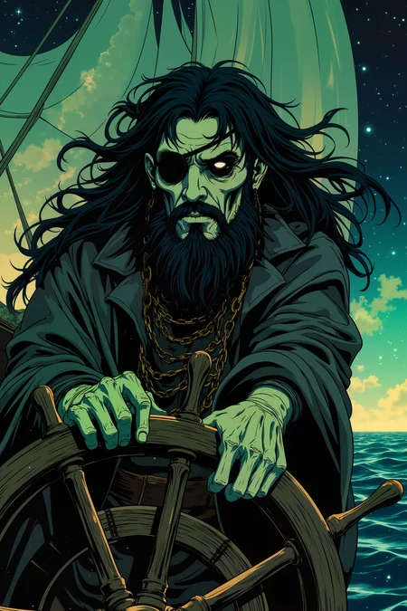 ne0nfant4sy, A spectral pirate captain, his ghostly form flickering like mist, grips the wheel of a phantom ship that sails on an endless sea of stars. His translucent skin glows with an otherworldly light, while his long, tangled black hair and thick beard billow around him in a wind that only he can feel. His one good eye gleams with mischievous intent, while the other, lost to battle, is covered by a tattered, spectral eyepatch. He wears an ancient, weathered captain's coat, the edges of which fade into smoke and shadow. His skeletal hand grips a cutlass that glows faintly with cursed magic, the blade shimmering as if it's made from stardust. Behind him, the ship's sails are tattered, glowing faintly with a haunting green light as they catch an ethereal breeze. The sea around him is a swirling void of galaxies and constellations, and the faint echo of ghostly shanties drifts through the air. His expression is one of eternal defiance, a captain forever bound to the stars. The dim glow of the celestial sea reflects in his cold, spectral eyes, his presence a blend of majesty and curse.<lora:RetroAnimeFluxV1:0.5><lora:NeonFantasyFLUX:0.3>