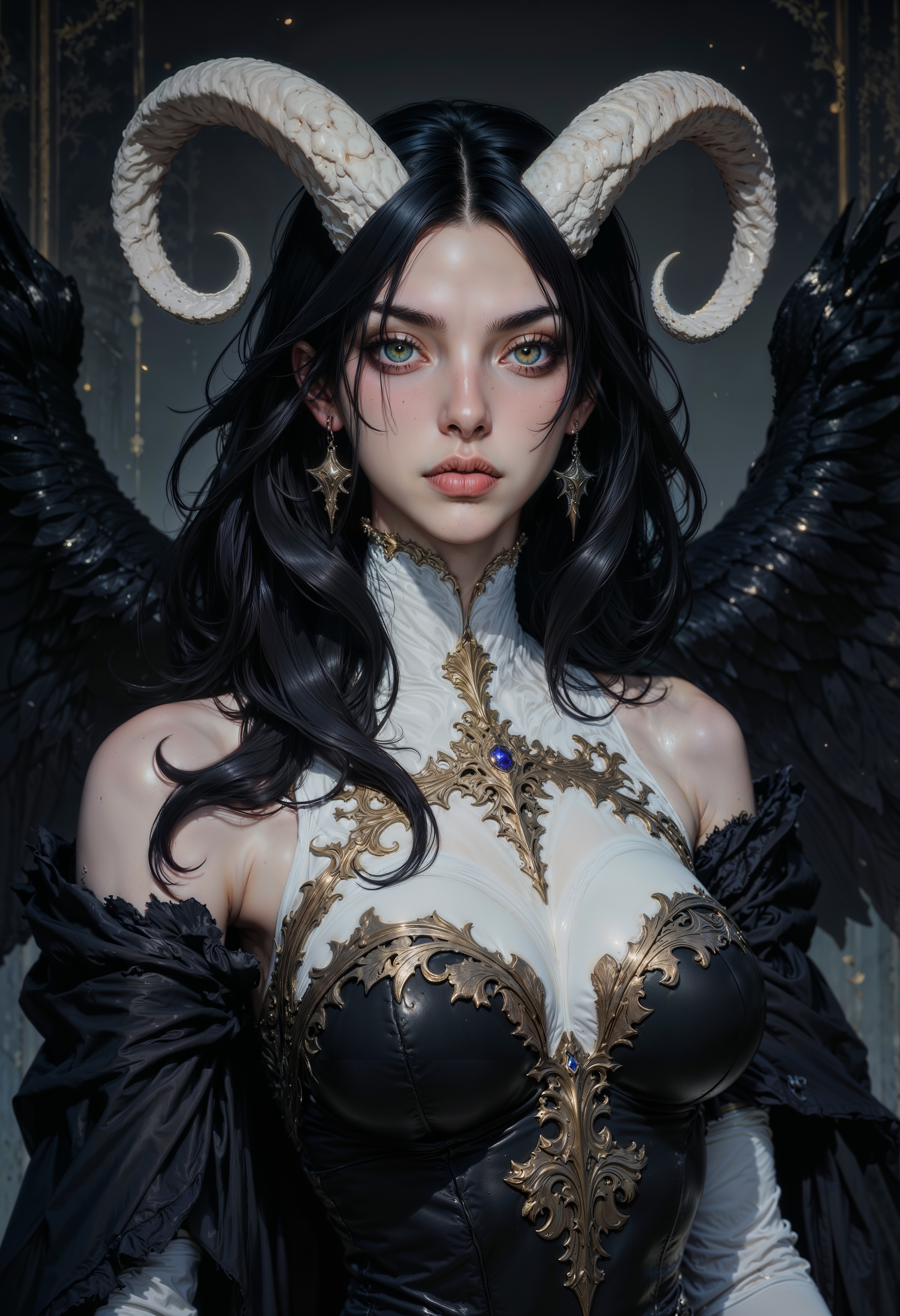 a fantasy character with a striking appearance. The subject is a female figure with long, flowing black hair and prominent white horns curving from her head. Her skin is fair, and she has captivating, glowing eyes. She is adorned in an elaborate outfit with white and gold accents, including a high-collared top and intricate gold detailing across her chest. The character's expression is serene yet intense, and she is surrounded by dark, feathered wings. The background is dimly lit, enhancing the mystical and ethereal atmosphere of the scene.