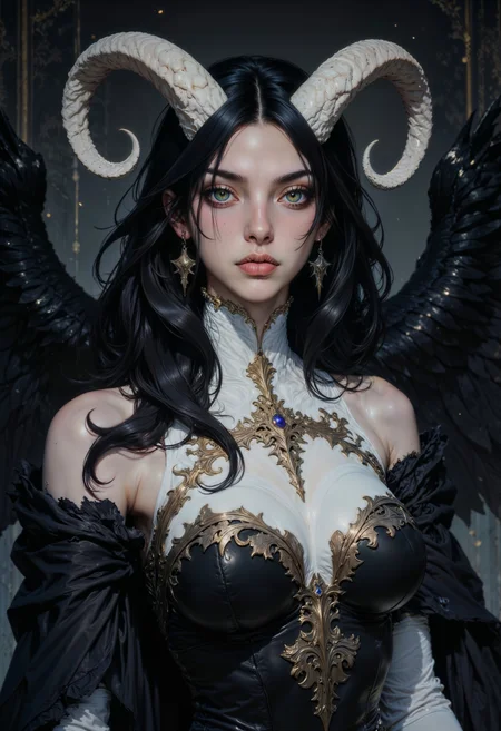 a fantasy character with a striking appearance. The subject is a female figure with long, flowing black hair and prominent white horns curving from her head. Her skin is fair, and she has captivating, glowing eyes. She is adorned in an elaborate outfit with white and gold accents, including a high-collared top and intricate gold detailing across her chest. The character's expression is serene yet intense, and she is surrounded by dark, feathered wings. The background is dimly lit, enhancing the mystical and ethereal atmosphere of the scene.