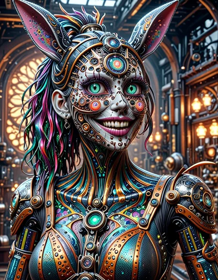 pointillism style A kinetic wind sculpture
 breathtaking hyperrealistic art professional 3d model concept art ,helios,steampunk in robot bunny black and scaryjoker smile,psy
 <lora:helios:1> ziprealism . digital artwork, illustrative, painterly, matte painting, highly detailed . octane render, highly detailed, volumetric, dramatic lighting . extremely high-resolution details, photographic, realism pushed to extreme, fine texture, incredibly lifelike . award-winning, professional, highly detailed . composed entirely of small, distinct dots of color, vibrant, highly detailed