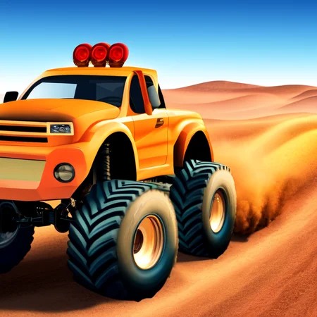 photo (truckplans:1) a cartoon monster truck driving down a dirt road <lora:djzTruckPlans_LoraBooth:1>