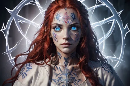 bright red hair, human female, (feminine:1.7), (beautiful face, detailed face:1.6), (beautiful eyes, detailed eyes:1.7), (looking at viewer, eye contact, intense:1.6), (long hair, red hair, curly hair:1.3), , ((masterpiece, best quality, high resolution, realistic, best quality,)), photo realistic, Perfect Face, (detailed face). <lora:GoodHands-vanilla:0.6> <lora:add-detail-xl:0.8>, mage, (Dress White military uniform coat), dagger, rune dagger, glowing runes, , (((glowing magic symbols tattoos, religious tattoos))), ((face tattoos)), glowing tattoos, stone tower in the background