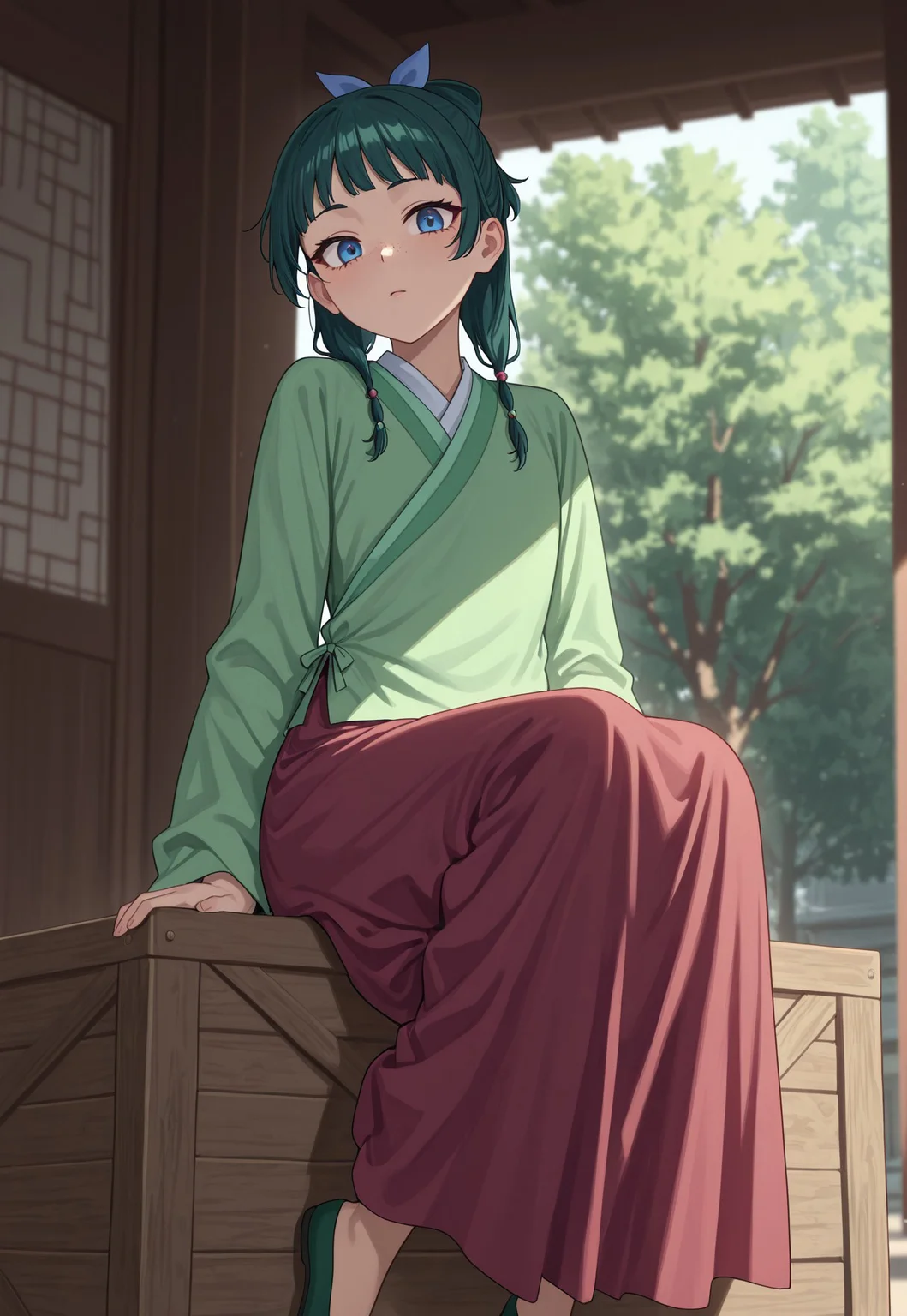 masterpiece, best quality, amazing quality, very aesthetic, absurdres, ADMao2, 1girl, green hair, blue eyes, freckles, flat chest, defaulthairstyle, low twintails, half updo, hair beads, blue hair bow, hair over shoulder, defaultoutfit, green aoqun, red long skirt, green flats, sitting, outdoors, dynamic pose, dynamic angle, ultra-detailed, highly detailed, cinematic lighting, realistic shading, intricate details, soft lighting, high contrast, depth of field, indoors, day, tree shade, on crate, looking at viewer,