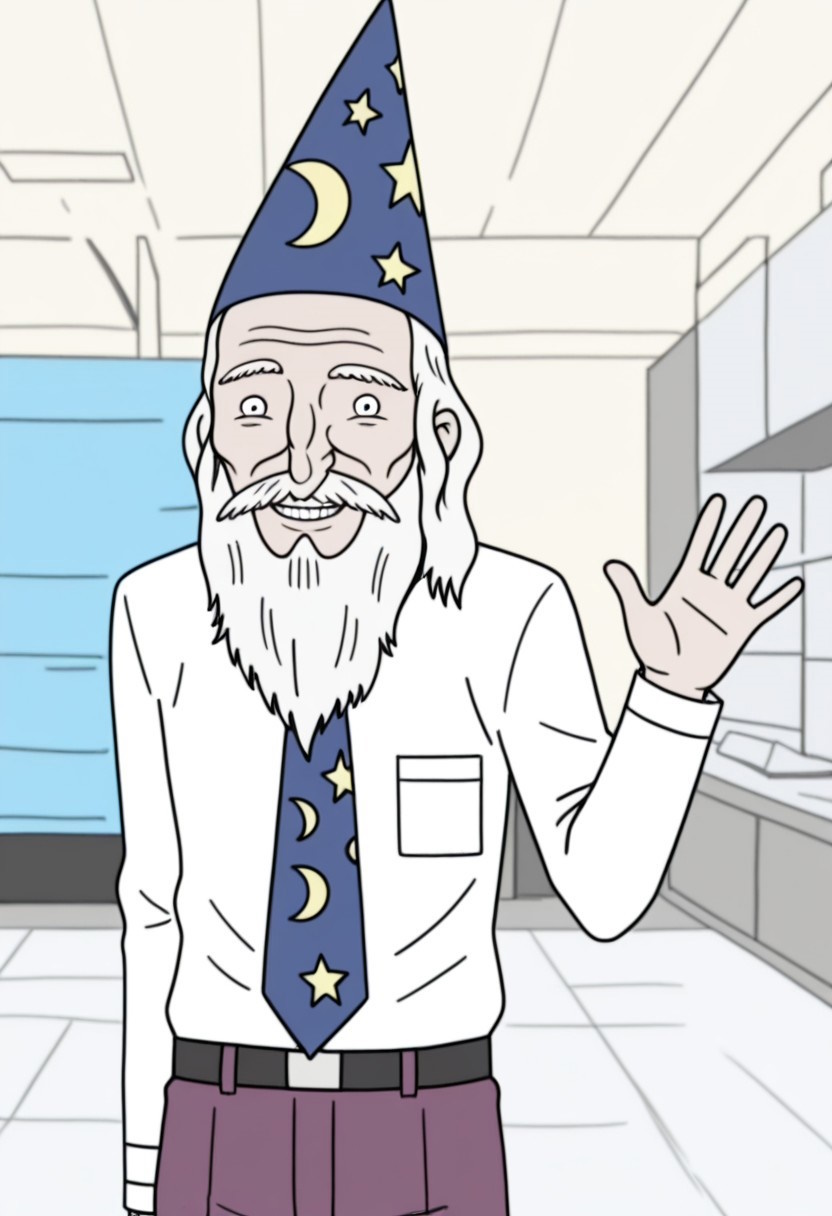 score_9, score_8_up, score_7_up, masterpiece, high quality, detailed, le0nard p0wers, wizard, light skin, white hair, long hair, long beard, skinny, wizard hat, dress shirt, wizard tie, purple pants, belt, happy, smiling, looking at viewer, waving, half body shot, office background