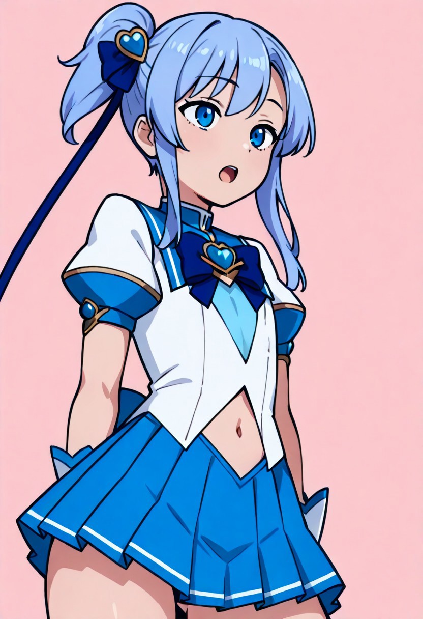 score_9, score_8_up, score_7_up, ASCII score_9, source_anime, 8K,best quality, hyper detailed,masterpiece, UHD,illustration,manga, aisei tenshi love mary,manga ,1boy,archangel of love lapis,otoko no ko ,tomgirl,Blue eyes ,Blue hair,skirt,Blue skirt ,solo,open mouth,side ponytail,navel, navel cutout,hair ornament,blue bow,pleated skirt,long hair,magical girl,dynaic,dynamic angle