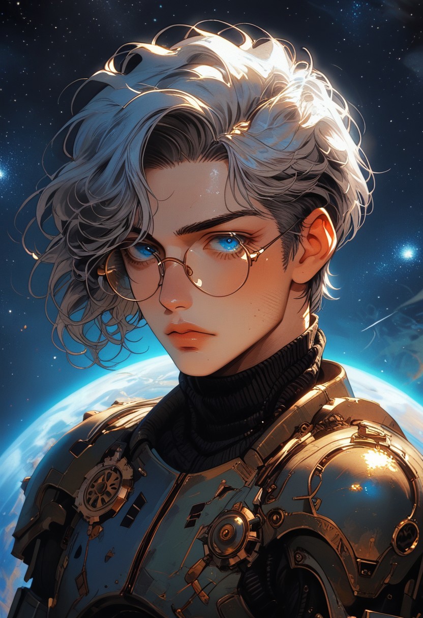 Safe_pos, (score_9, score_8_up, score_8), ultra detailed, high resolution, high quality, masterpiece, intricate details, intricate body, intricate landscape, knva, Expressiveh, European Male, (((1male))), ((male)), source_cartoon, Slender, Handsome, Masculine, ((Grey Hair, Short Hair)), (Circular Eyeglasses), (Undercut), (((Dark Facial Hair, Thick Stubble, Heavy Stubble, Light Beard))), Handsome, (Pale Skin, Delicate and Smooth Skin, Highly Detailed, Strong Jawline), (Blue Eyes), Artificer, (Steampunk Power Armor in the style of fallout-power-armor, space_space, white armor with gold-trim, magic power armor, jewels), Fantasy, Medieval, Steampunk, Space-Suit, Scholar Vibes, ((Extremely Detailed Face and Eyes)), Looking at Viewer, Soft Lighting, Warm Lighting, Unique Angle, Unique Perspective, Dramatic Angle, ((Full Body)), From Above,