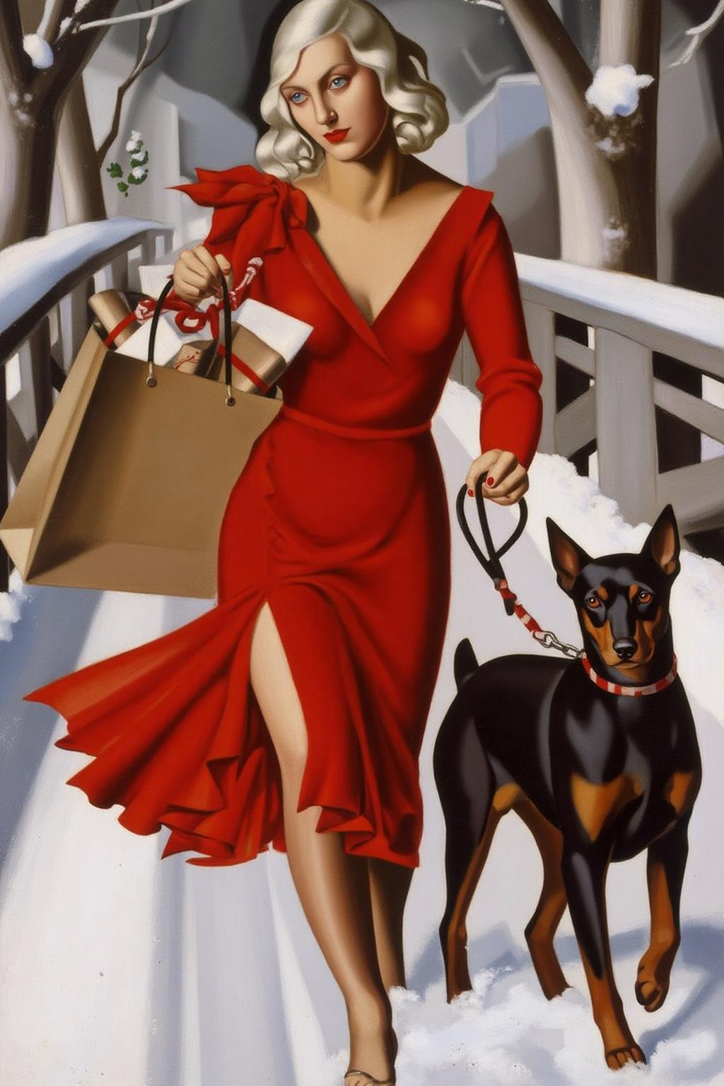 tamaradelempicka1 painting.
A woman with long, wavy white hair is wearing a red dress with a high slit and a red bow in her hair. She is walking in the snow on a bridge, holding a shopping bag filled with wrapped presents in one hand and a leash attached to a dobermann dog in the other  <lora:tamaradelempicka1_cap_d8a4:1.0><lora:863956397258233756:0>