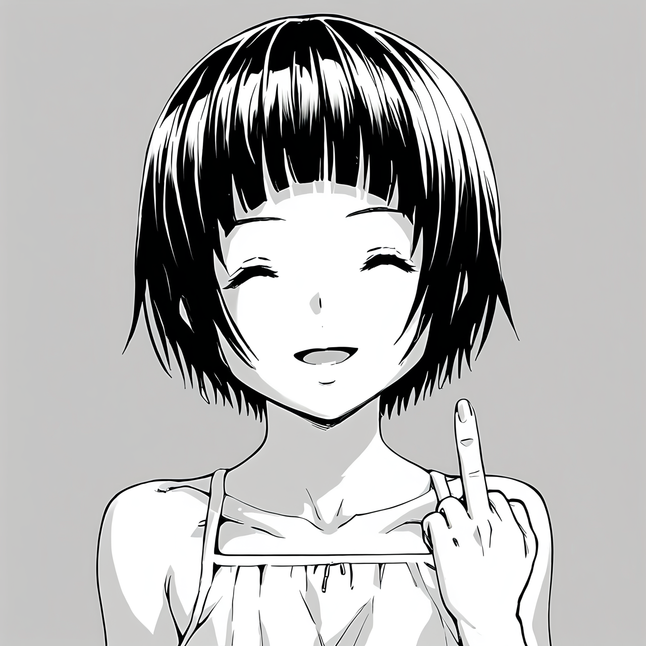 score_9, score_8_up, score_7_up, score_6_up, score_5_up, score_4_up, greyscale, monochrome,
1girl, solo,
KonomiHarukaze_T1V1, short hair, blunt bangs,
sundress, bare shoulders, collarbone,
hand up, middle finger,
facing viewer, smile, closed eyes, open mouth,
portrait, close-up,
<lora:KonomiHarukaze_T1V1_epoch_31:0.85>,
