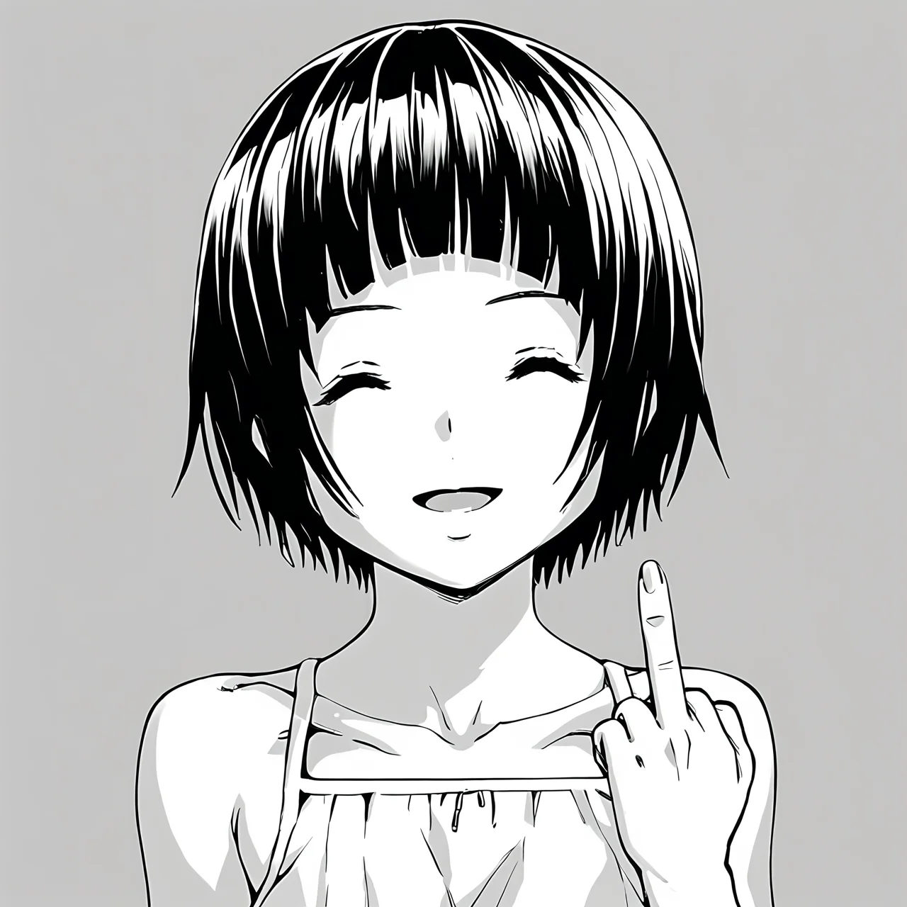score_9, score_8_up, score_7_up, score_6_up, score_5_up, score_4_up, greyscale, monochrome,
1girl, solo,
KonomiHarukaze_T1V1, short hair, blunt bangs,
sundress, bare shoulders, collarbone,
hand up, middle finger,
facing viewer, smile, closed eyes, open mouth,
portrait, close-up,
<lora:KonomiHarukaze_T1V1_epoch_31:0.85>,