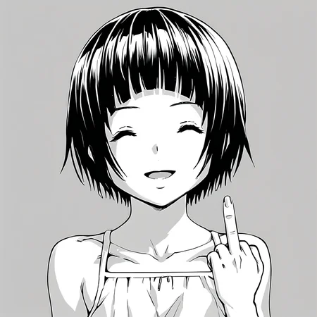 score_9, score_8_up, score_7_up, score_6_up, score_5_up, score_4_up, greyscale, monochrome,
1girl, solo,
KonomiHarukaze_T1V1, short hair, blunt bangs,
sundress, bare shoulders, collarbone,
hand up, middle finger,
facing viewer, smile, closed eyes, open mouth,
portrait, close-up,
<lora:KonomiHarukaze_T1V1_epoch_31:0.85>,