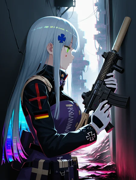 1girl,hk416 (girls' frontline),upper_body,hinding after a wall, glitch hair,iridescent hair,holding gun,profile,backlighting,
scenery of a ruin city,patrol team out there,
,masterpiece,best quality,amazing quality,