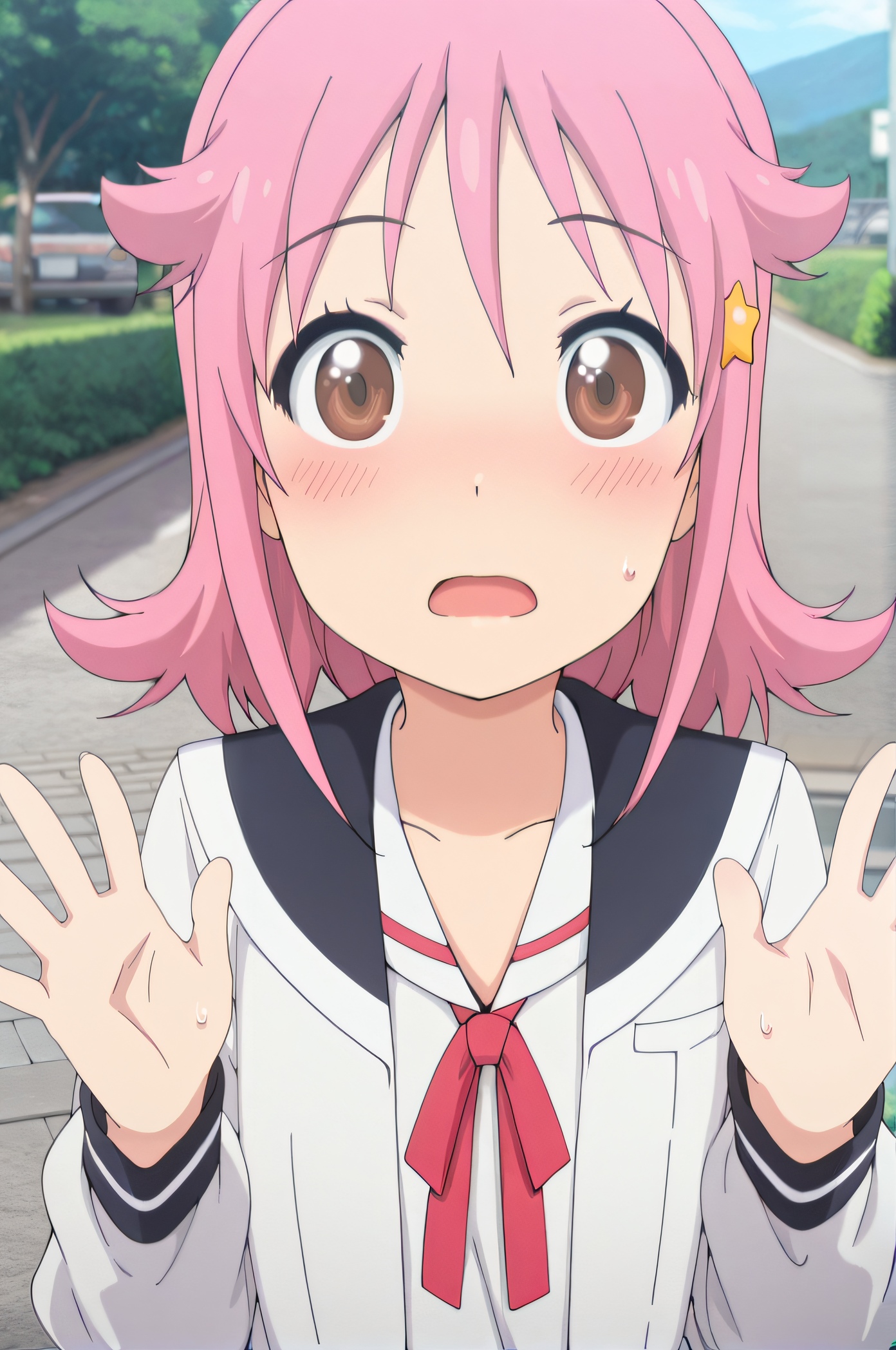 masterpiece, best quality, highres, newest, 1girl, solo, official style, anime screencap, <lora:IL_Subaru:1>, subaru, pink hair, brown eyes, hair_ornament, school uniform, open mouth, outdoor, scenery, upper body, five fingers, blush, embarrased, hands up, sweatdrop, looking at viewer