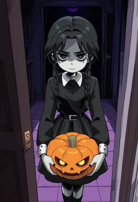 blorstyle,   masterpiece,  best quality, solo, wednesday addams, black hair, black dress, unimpressed, holding a pumpkin, midnight, pov from viewer opening front door,