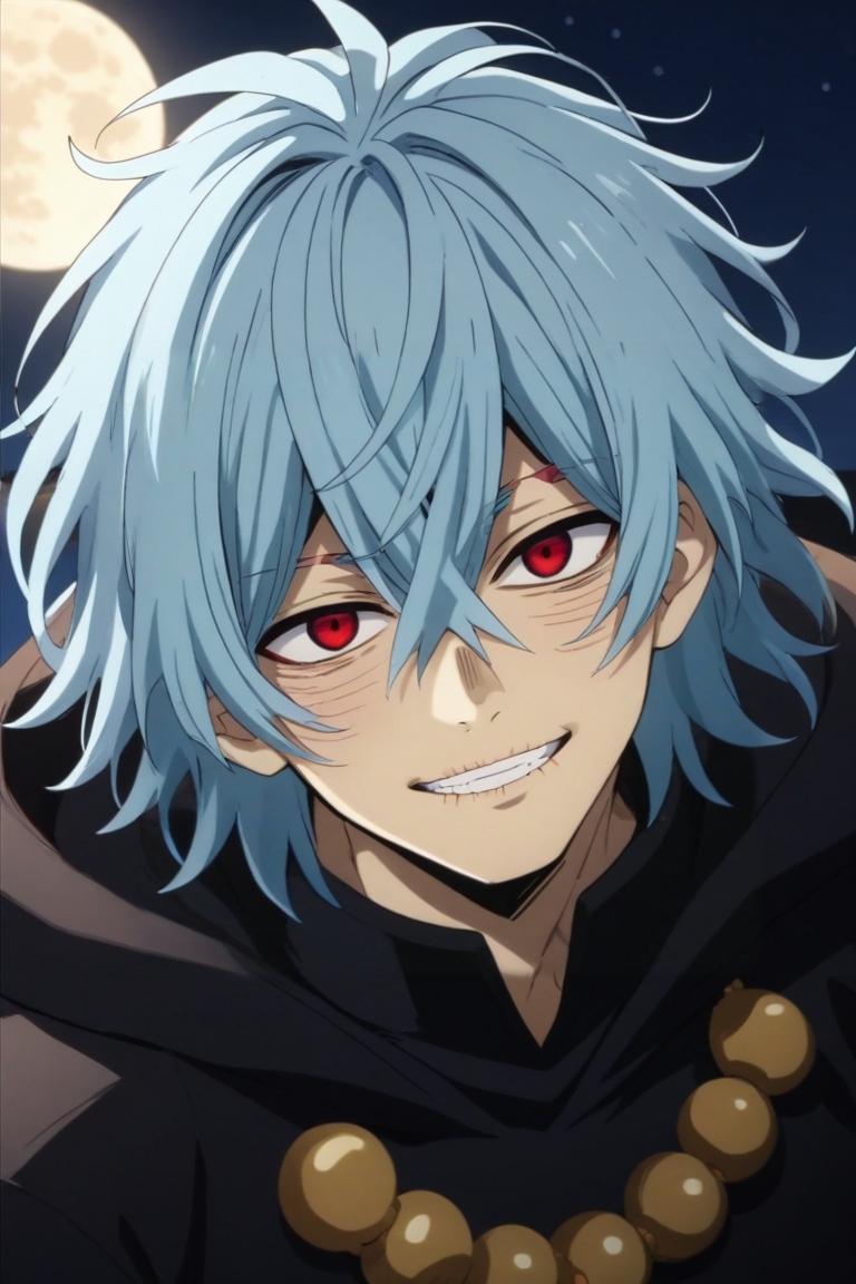 score_9, score_8_up, score_7_up, source_anime, rating_safe, , anime screencap, , official style, looking at viewer, , 1boy, solo, male focus, <lora:tomura_shigaraki_pony:0.76>, tomura_shigaraki, blue hair, red eyes, bangs, hair between eyes, scar, scar on face, , teeth, grin, , from above, classroom, night, full moon, the pose, embarrassed, nose blush, , <lora:sdxl_lightning_8step_lora:1>