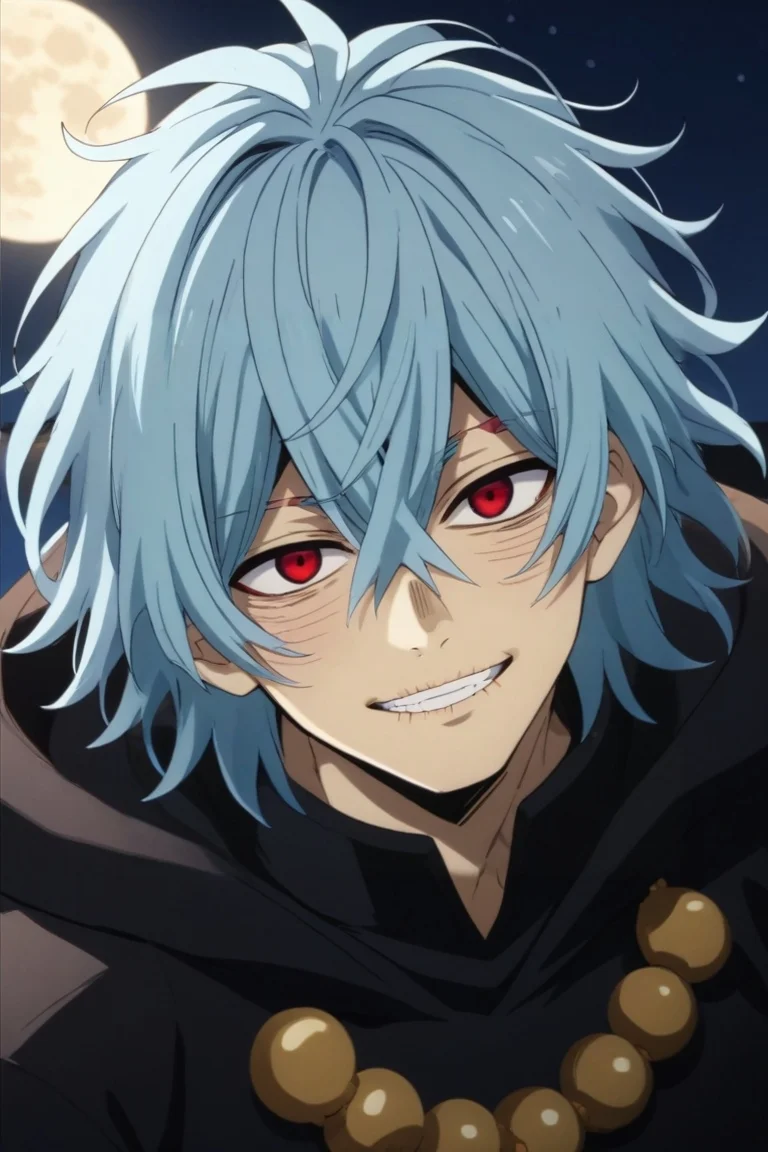score_9, score_8_up, score_7_up, source_anime, rating_safe, , anime screencap, , official style, looking at viewer, , 1boy, solo, male focus, <lora:tomura_shigaraki_pony:0.76>, tomura_shigaraki, blue hair, red eyes, bangs, hair between eyes, scar, scar on face, , teeth, grin, , from above, classroom, night, full moon, the pose, embarrassed, nose blush, , <lora:sdxl_lightning_8step_lora:1>