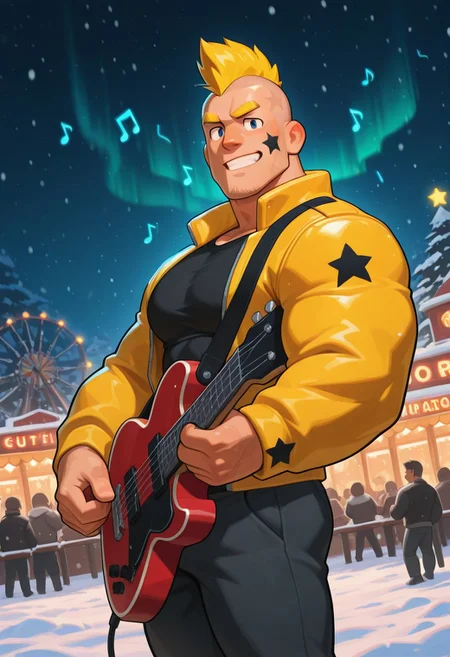 mbtiesfp, 1boy, blonde, short hair, black star on face,, yellow jacket, black shirt, looking at viewer, smirk, grin, happy, brawlStars, in the amusement park, pants, portrait, half body, upper body, blue eyes, shaved mohawk, source_cartoon, vector art, 2d, bara, manly, muscular, 3/4 view, night sky, aurora in the sky, snow, playing guitar, {{holding red electric guitar}}, in the concert, ((floating colorful muscial notes)), snowstorm, Side View, Pec focus, left view, warm lighting, with people walking background, {{colorful glowing musical notes}}, yellow eyebrows, yellow chin hair, facial hair, dutch angle