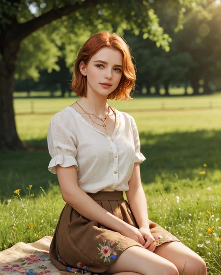 intense stare at viewer, large round eyes, wide cinematic establishing shot seductive young woman sitting having picnic under tree, (bra, young adult irish redhead:1.15), (style of Alessio Albi:1.4), Realist Portraiture, Soft Lighting, Emotional Depth, Simple Compositions, (Layered Depth, Soft focus foreground, Painted Scenery:1.1), alluring feminine physique, 24yo B34U71FU1_CA3LIA attractive irish redhead, short backlit hair, perfect face, thin upper lip, pouting lower lip, thin brows, small upturned nose, bow-shaped lips, large expressive almond shaped eyes, Raised Eyebrows, Focused Gaze, eager expression, quaint farm setting, (relaxed country woman), (tight unbuttoned shirt, thin material), subsurface scattering, classic cotton, soft pastel, intricate embroidery collar cuffs, rolled-up sleeves revealing sun-kissed forearms BREAK (blanket:1.15), rich textures, patchwork design, vibrant colors, detailed stitching, homely aesthetic (skirt), elegant rustic charm, subtle floral pattern, linen, sways breeze BREAK ((wildflower wreath)), crown delicate chain necklace, small, intricate pendant, heart-shaped with floral theme, glowing subtly in the soft light, ethereal quality, [lens flare glinting], (mischievous yet content expression), lush green fields in the background, (soft, sunlit ambiance), simple leather boots, carefree hair  <lora:kodak_ultramax_400:0.8> golden hour, soft golden light, pastel sky, relaxed posture, natural smile, earthy colors, candid moment, trees and flowers in background, leading lines, depth of field, slightly off-center framing, warm tones, cinematic look, natural setting, editorial style, soft textures, subtle lighting, peaceful mood