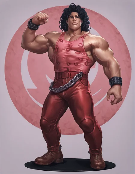 hugoandoreff, 1boy, solo, male focus, muscular, black hair, full body, from side behind, chain, curly hair, detailed background, chain belt, pink leopardprint tank top, <lora:hugo_andore_-_final_fight:0.8>
score_9, score_8_up, score_7_up, best quality, high quality, highly detailed, cel shading, source_cartoon, <lora:Smooth Style LoRA XL:1> , intricate detail