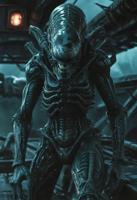 Xenomorph1024, movie still, photo realistic image, In the style of hr giger, inspired by the movie, Romulus, dark imposing, background, using dramatic lighting, a large thin muscular alien xenomorph , walking along metal decking, wet organic, out from the darkness on the rusted old space freighter Nostromo, looking sinister, background red glow from the deck lights of the nostromo,focus on the viewer
