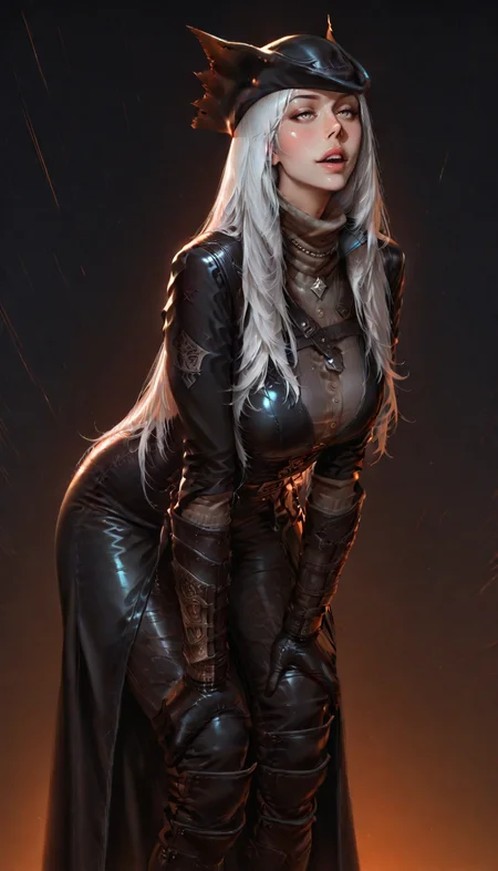 masterpiece, best quality, ultra-detailed, absurdres, 8K, highres, illustration, CG, amazing quality, intricate details, highly detailed, hyper-detailed, sharp focus, depth of field, realistic shading, beautiful lighting, cinematic lighting, HDR, volumetric lighting, raytracing, ambient occlusion, subsurface scattering, vibrant colors, soft lighting, smooth shading, reflective surfaces, ultra-detailed eyes, clear skin, shiny hair, gradient background, detailed background, ultrasharp, sharp lines,
<lora:Detailer_NoobAI_Incrs_v1:1> detailed,  <lora:illustriousXLv11_stabilizer_v1.113 ill-helper:0.25>
17	<lora:Sakimichan_Illustrious:0.4> sk1m1ill <lora:Incase_Style_r1:0.8><lora:MoriiMee_Gothic_Niji_Style_Illustrious_r1:0.4> artist:moriimee,,
leaning forward slightly, hands on knees, mischievous expression,
long white hair, straight hair, 
 <lora:Bloodborne_Ill:0.8>,  leather coat, long coat, leather pants, hunter hat, hunter garb, hunter gloves, hunter trousers, facemask, bborn, 1girl,