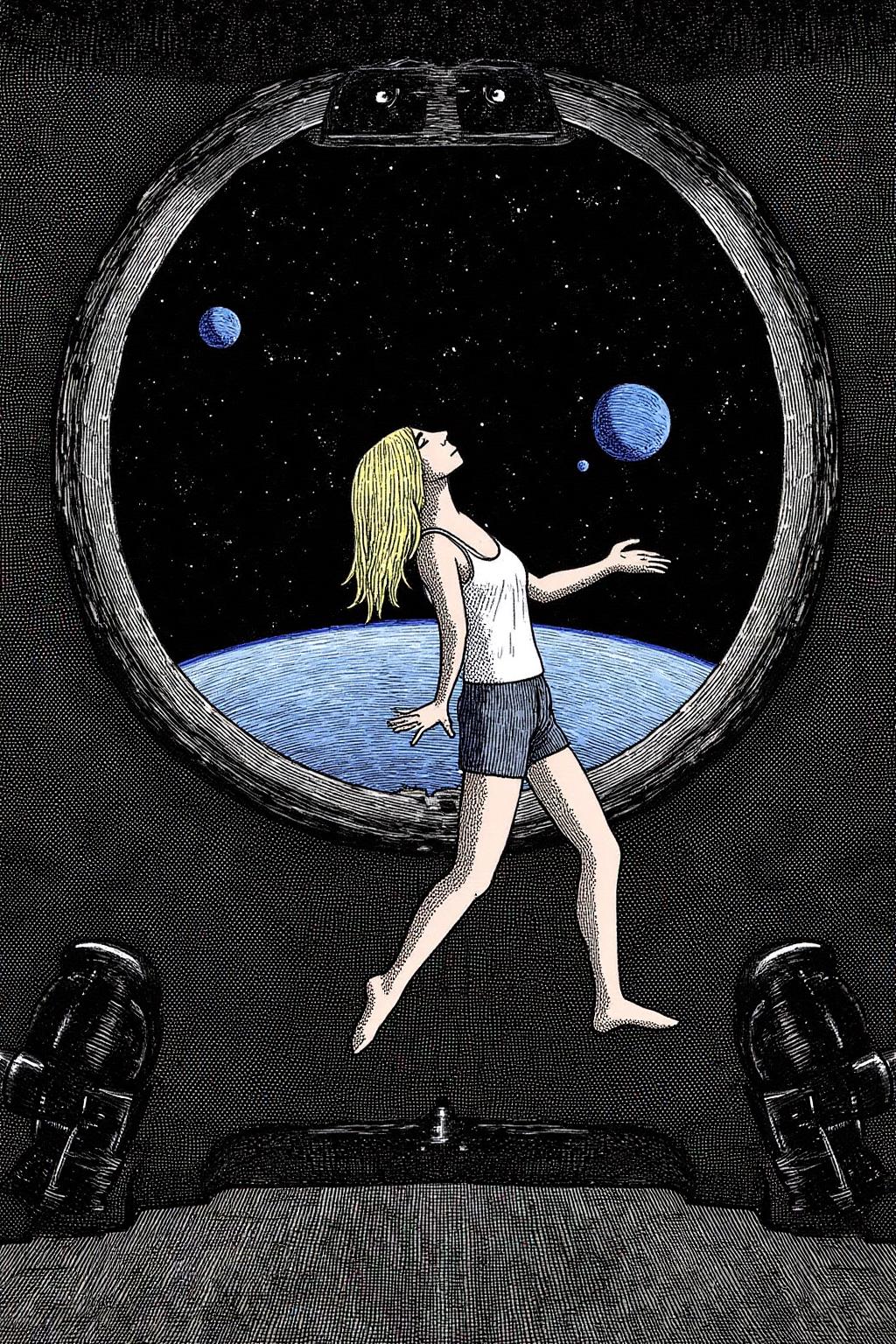 edwardgorey1 illustration.
A blonde woman, show in side profile, is floating weightless inside a dimly lit station. She is wearing short short, white tank top and barefoot. She is looking at blue planet Earth visible through a large port hole.  She is melancholic, and is thinking of her family back on earth.
 <lora:edwardgorey1_d8a4e9:1.0><lora:864757869294173308:0>