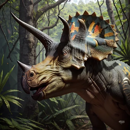 perfect exposure, colorful, masterpiece, best quality, <lora:Triceratops_Dinosaur_Dim32_Anime:0.8>, Triceratops_Dinosaur, Jurassic jungle, portrait, head,